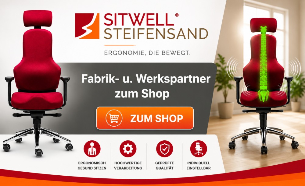 Bueromoebel_Hamburg_Fabrikverkauf | SITWELL® STEIFENSAND AG Bürostühle direkt ab Werk kaufen Banner advertising Sitwell Steifensand ergonomic office chairs, showing two red chairs, logo, German slogan and an orange 'Zum Shop' button.