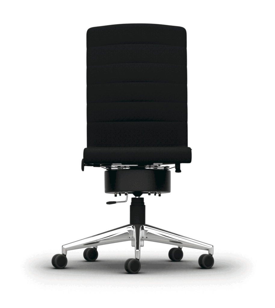 Black ergonomic office chair with high back and five-wheel chrome base, viewed from the back.